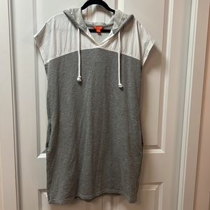 Grey and white short sleeve knee length hoodie dress.